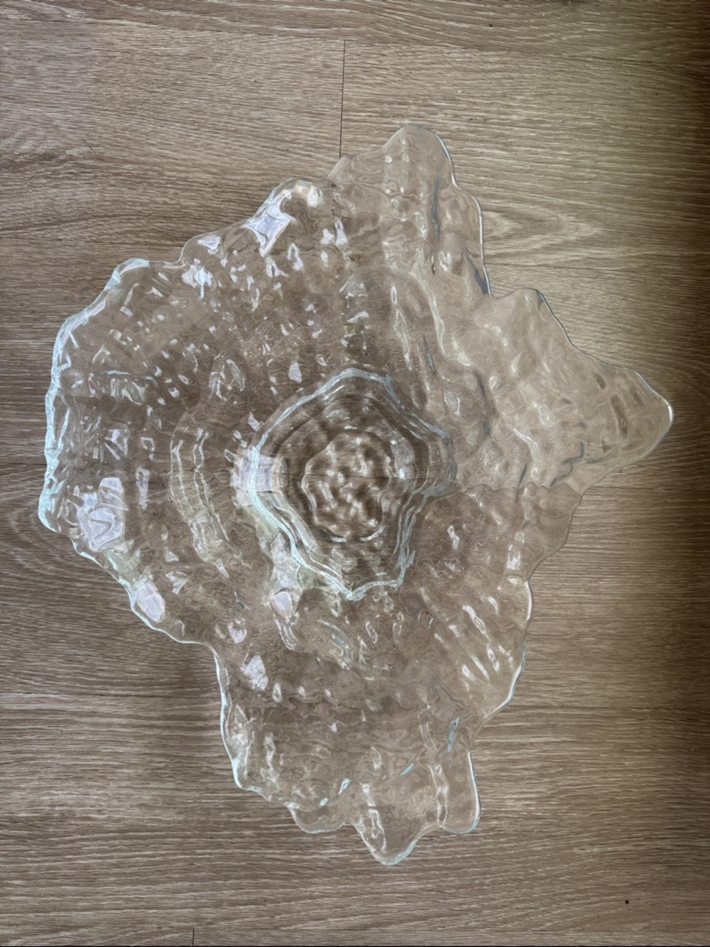 Vintage Oyster Shell Style Art Glass Bowl Large Freeform Clear Centerpiece 16.5”